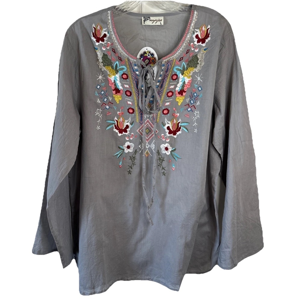 NWT Magazine Embroidered Tassel Boho Peasant‎ Top Gray Lace Up Floral Size L